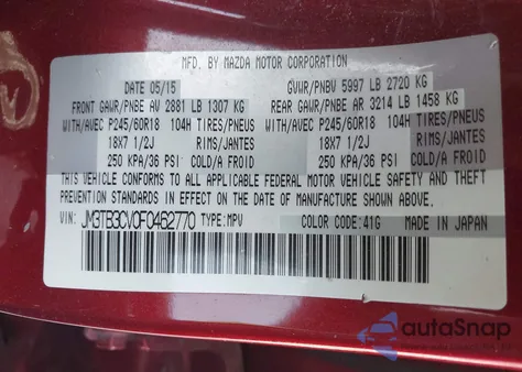 2015 Mazda Cx-9 Touring from USA, damaged, VIN JM3TB3CV0F0462770